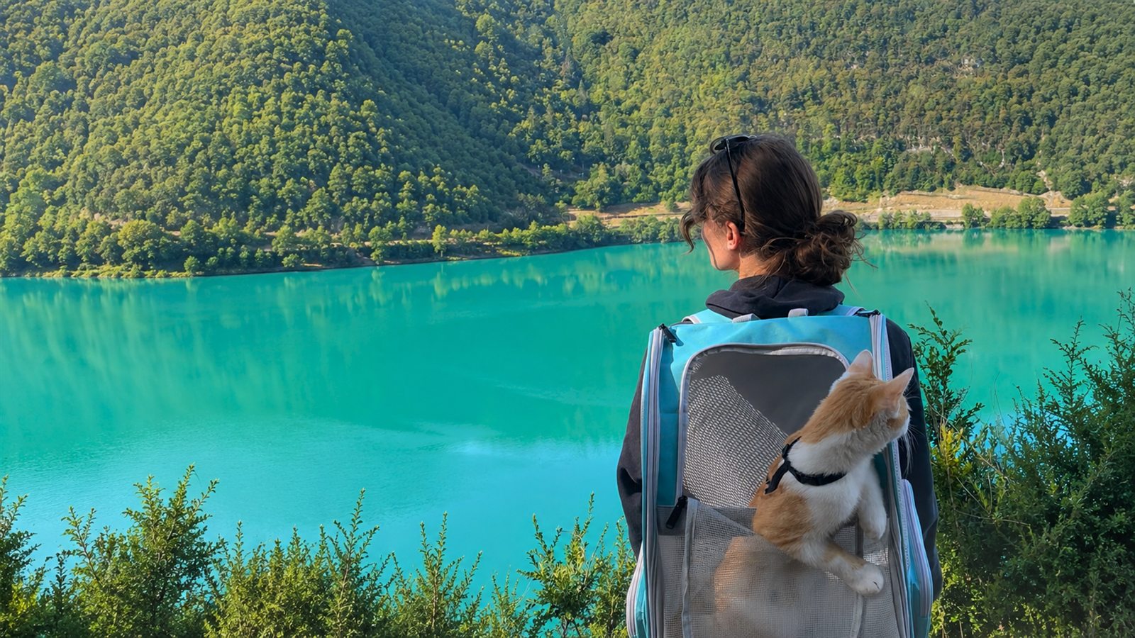 Romane en randonnée au bord d'un lac turquoise du Pilat, son chat Floki curieux dans un sac de transport sur son dos